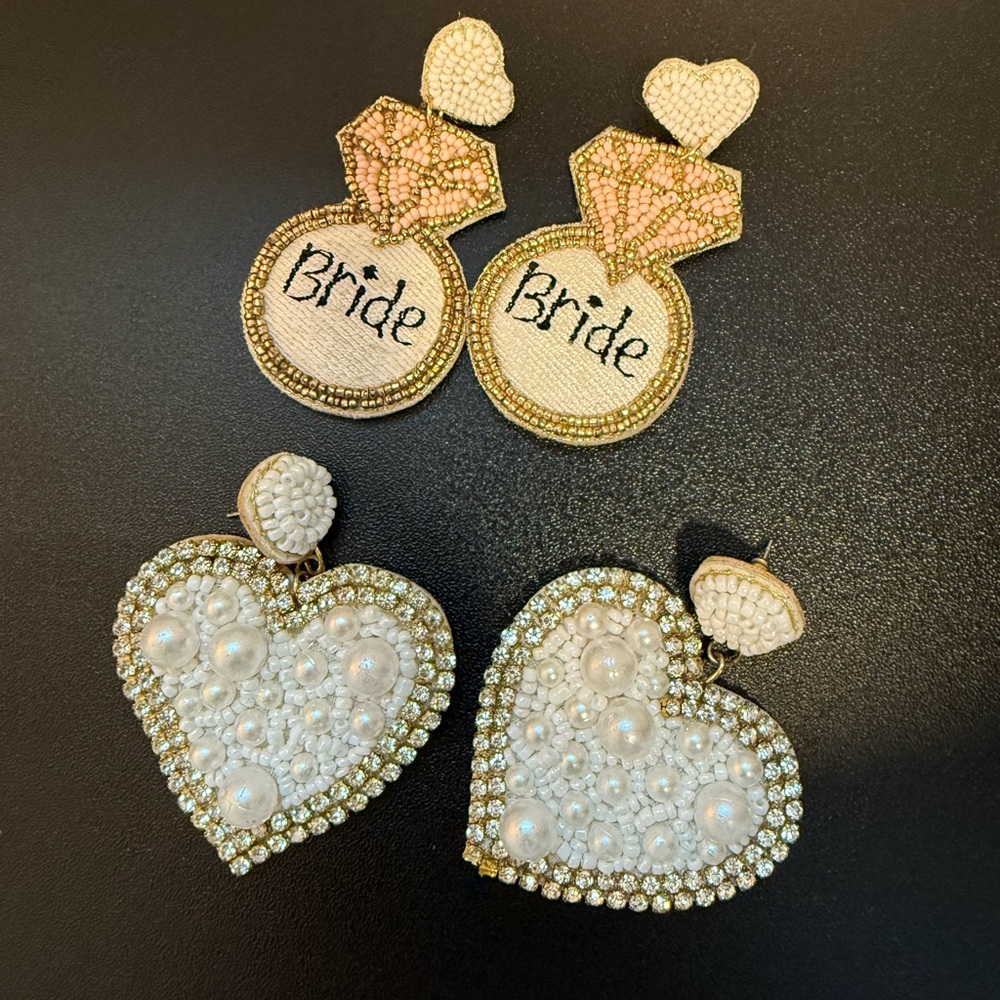 Bride Earrings Set - Beaded White Hearts & Beaded Pink Diamond Rings